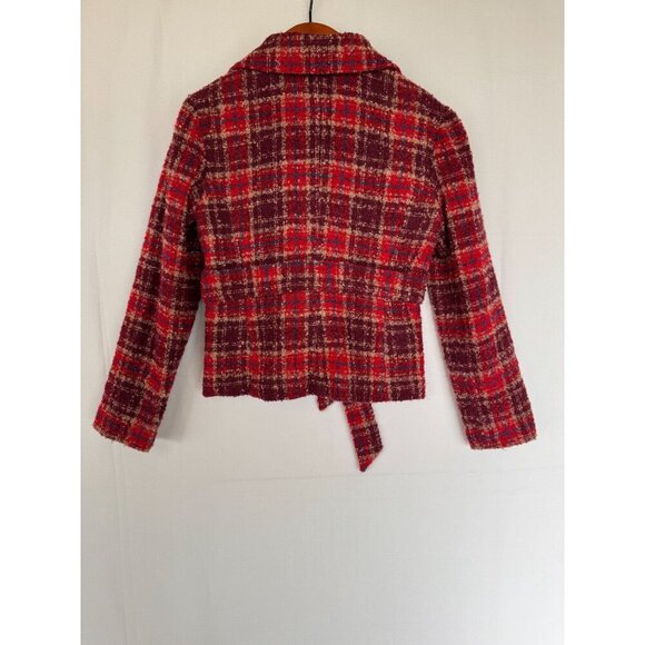 Anthropologie Tabitha Moretown Burgundy Red Blue Plaid Belted Blazer Size 12 - Picture 10 of 15